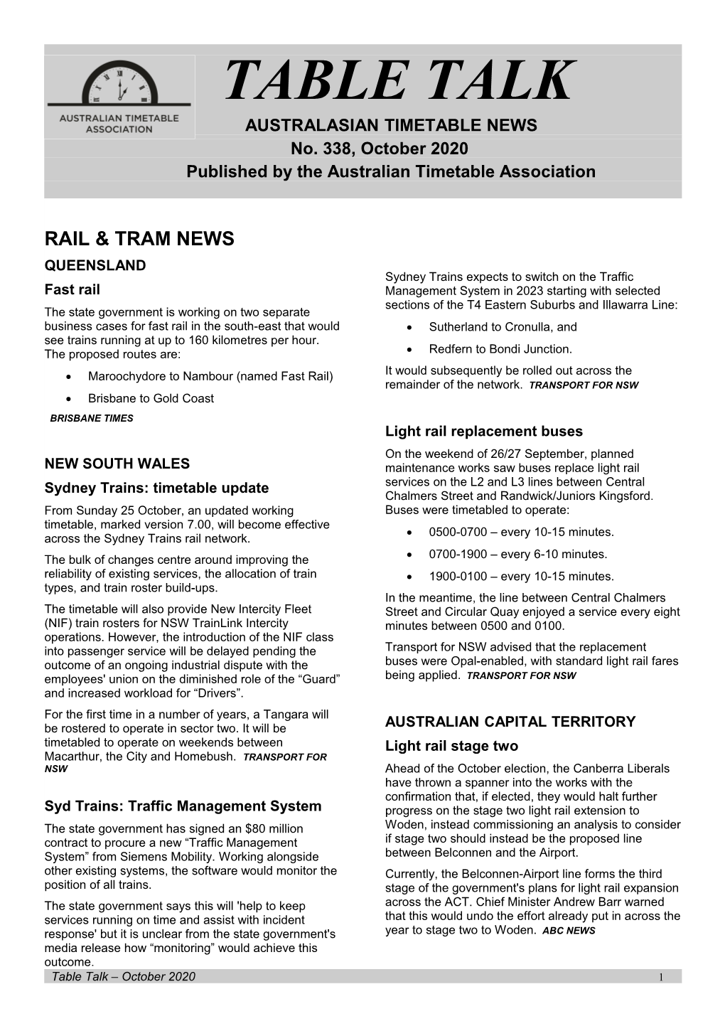 October 2020 Published by the Australian Timetable Association