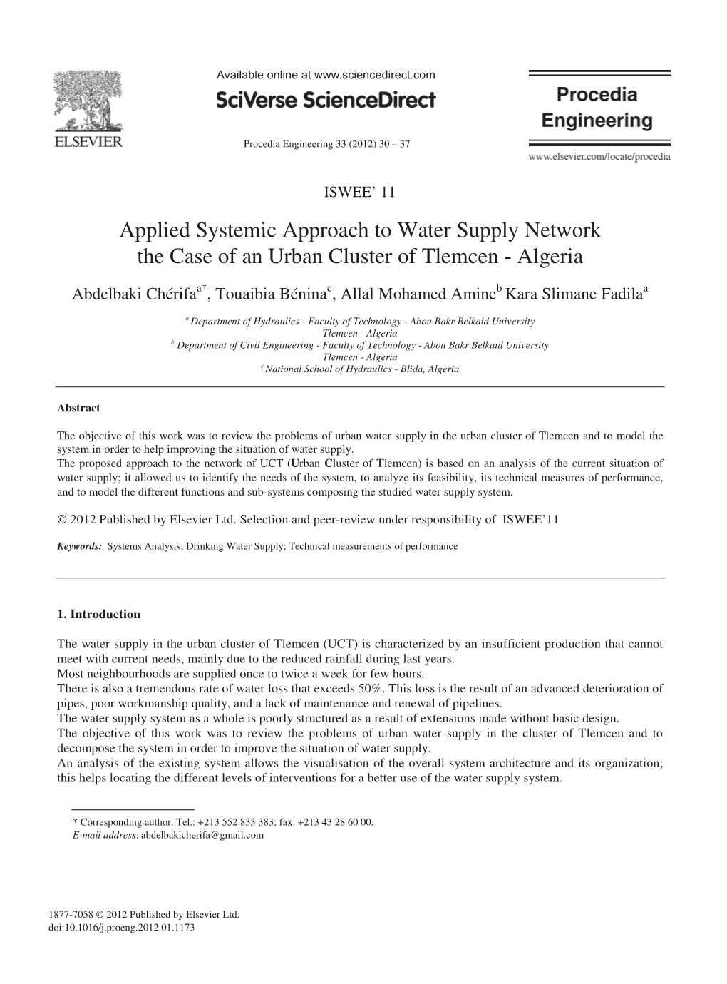 Applied Systemic Approach to Water Supply Network the Case of an Urban Cluster of Tlemcen - Algeria