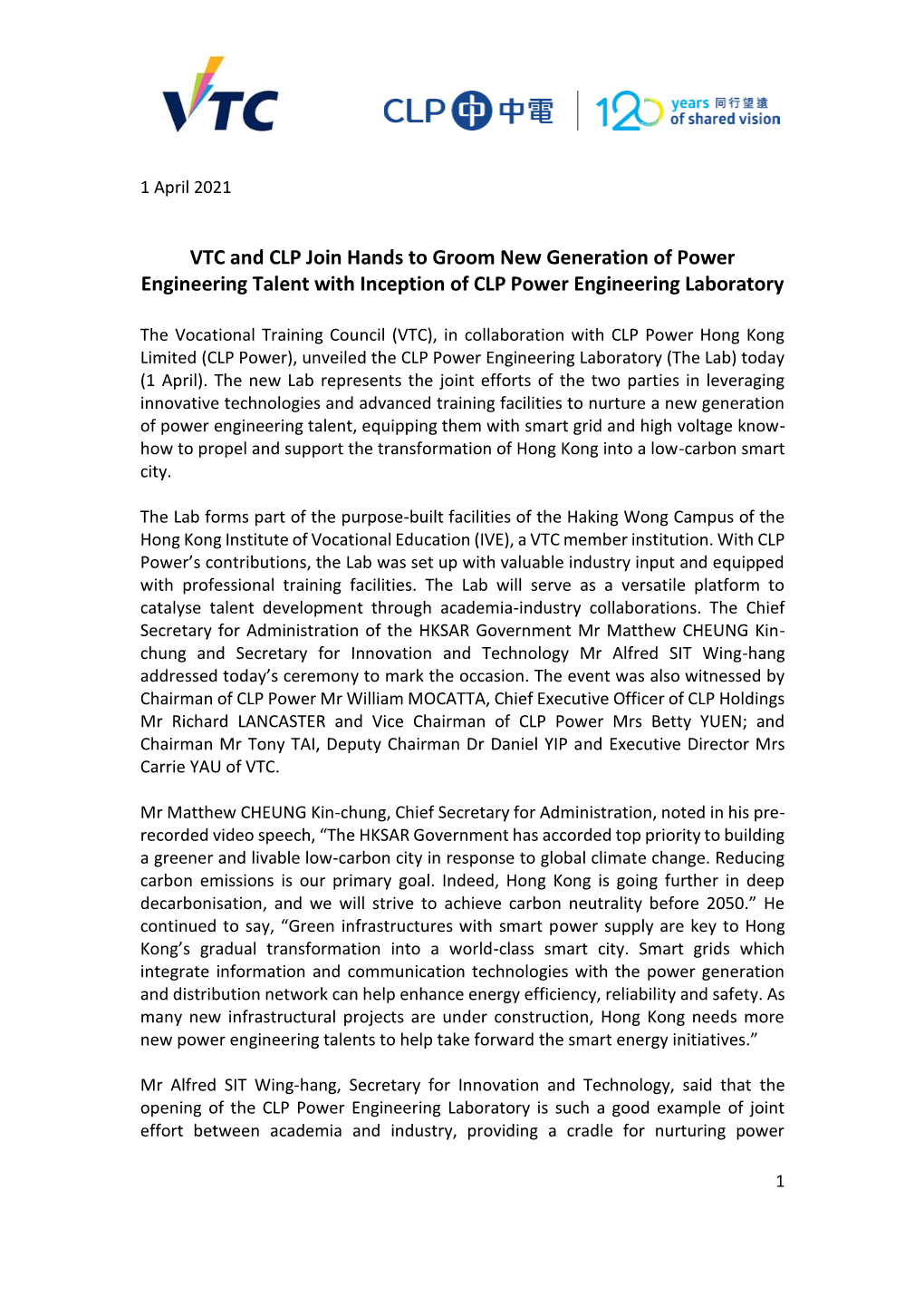 VTC and CLP Join Hands to Groom New Generation of Power Engineering Talent with Inception of CLP Power Engineering Laboratory