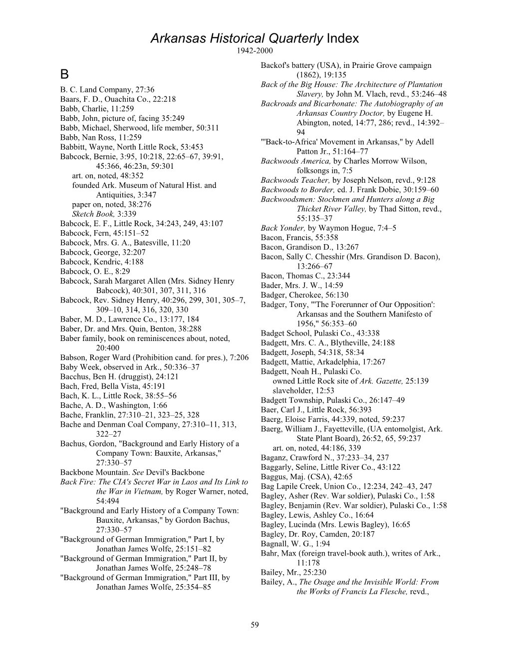 Arkansas Historical Quarterly Index B