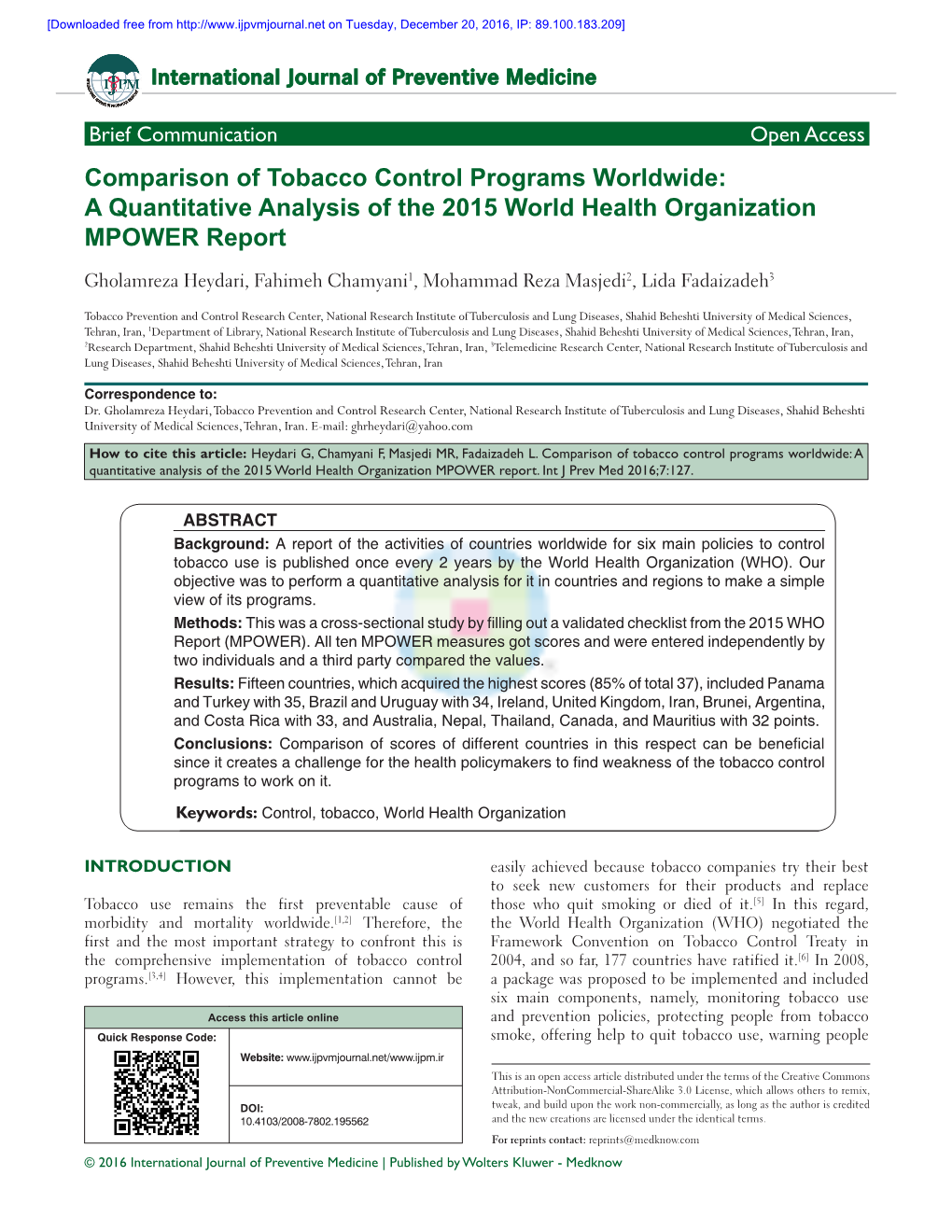 Comparison of Tobacco Control Programs