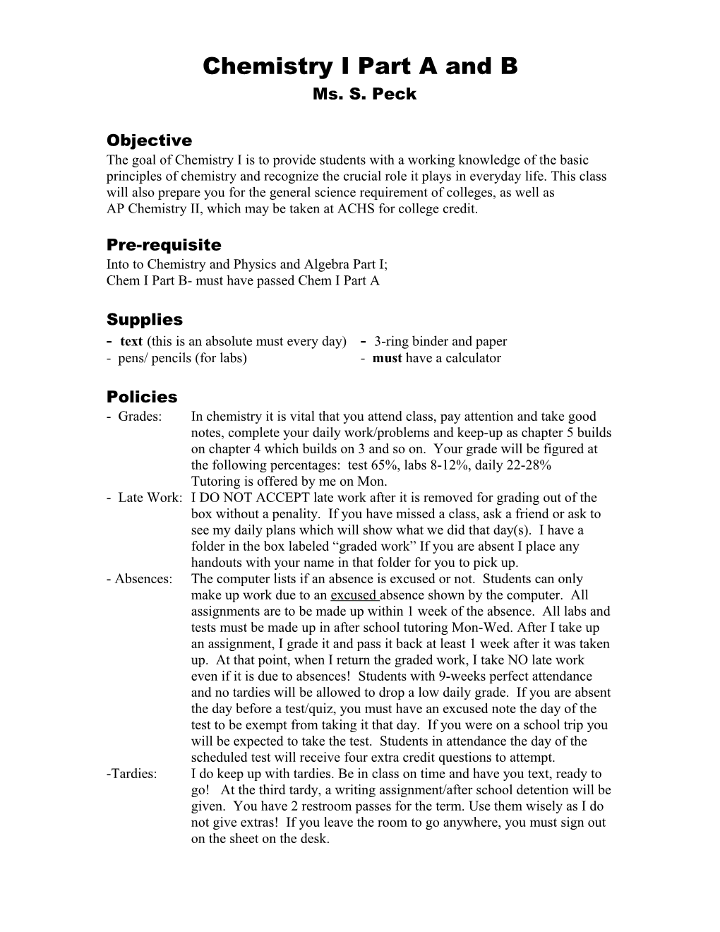 Chemistry I Part a and B