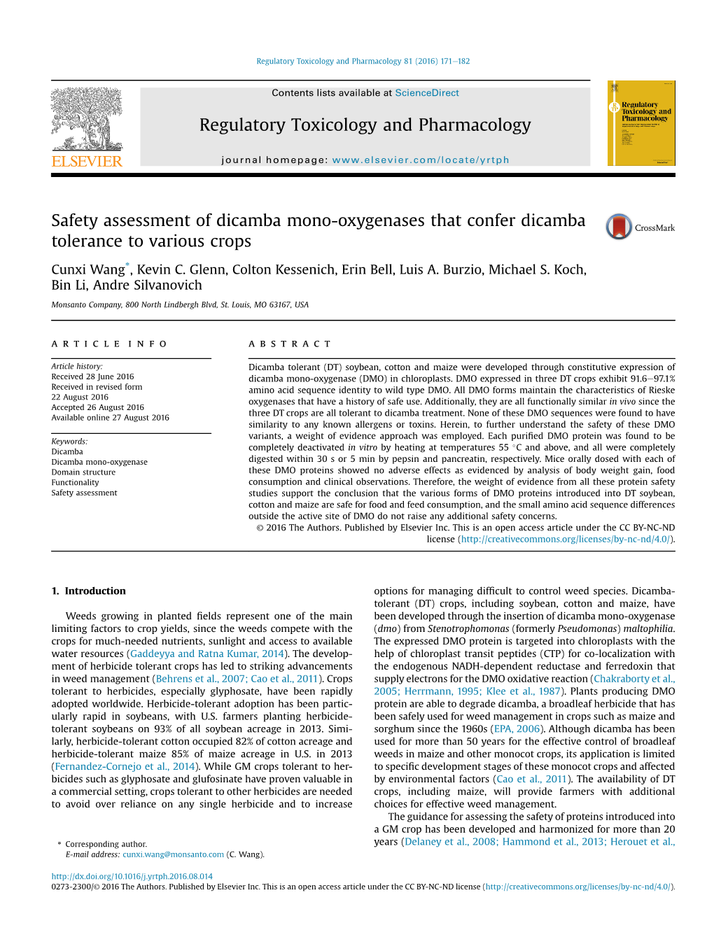 Safety Assessment of Dicamba Mono-Oxygenases That Confer Dicamba Tolerance to Various Crops