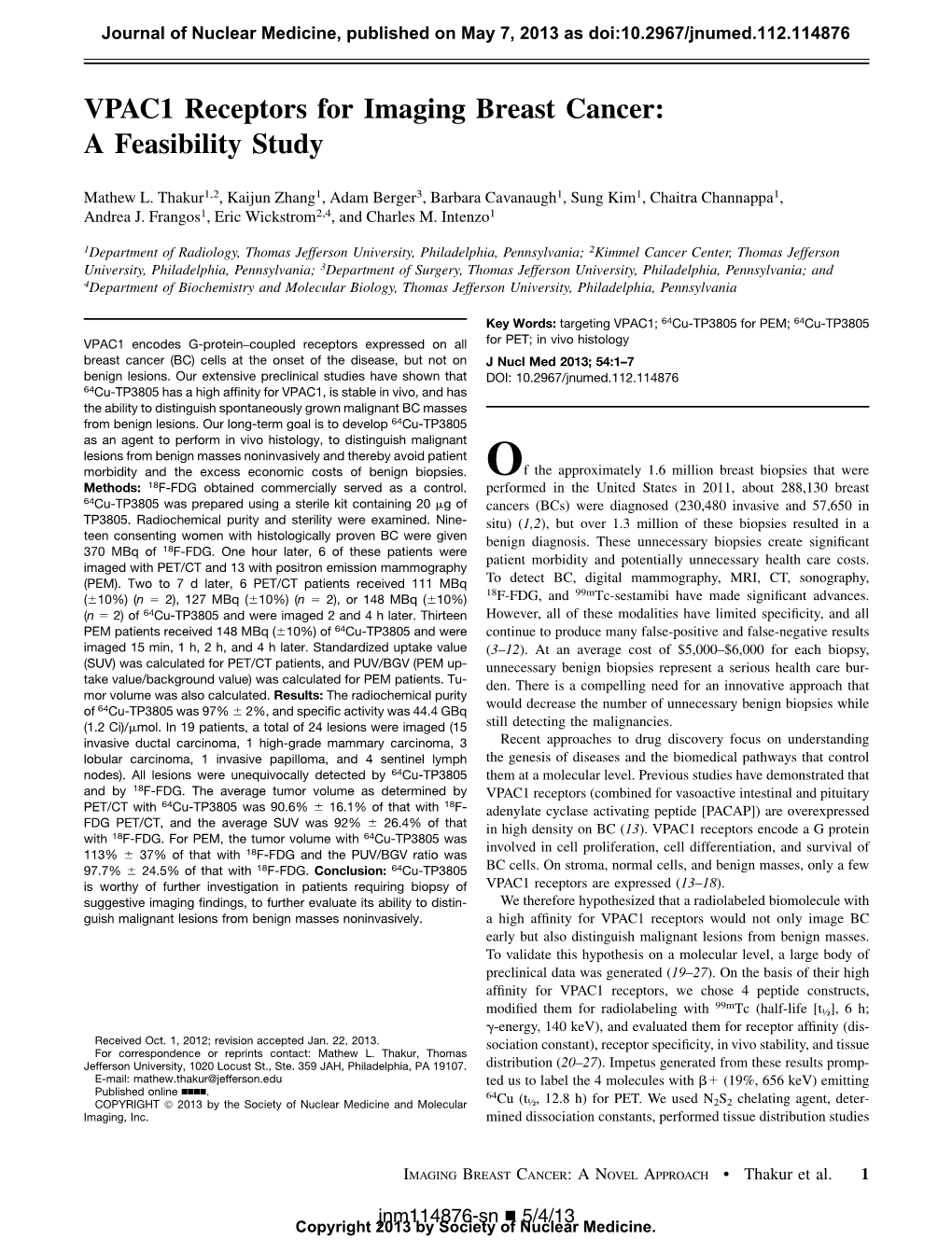 VPAC1 Receptors for Imaging Breast Cancer: a Feasibility Study