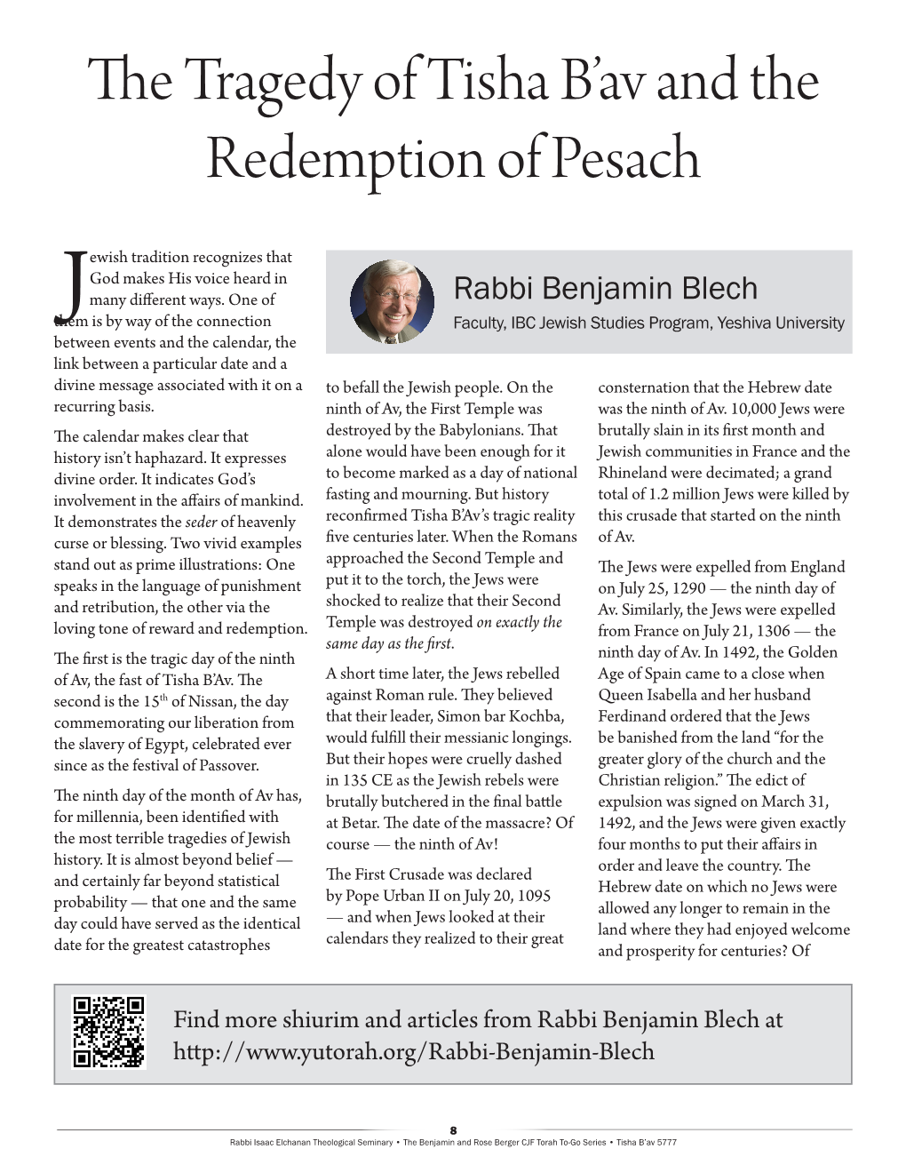 The Tragedy of Tisha B'av and the Redemption of Pesach