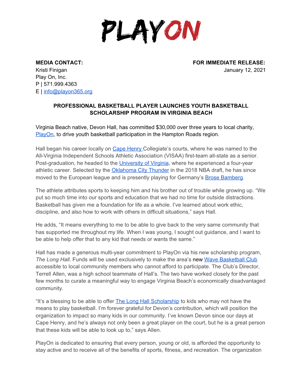 MEDIA CONTACT: for IMMEDIATE RELEASE: Kristi Finigan January 12, 2021 Play On, Inc