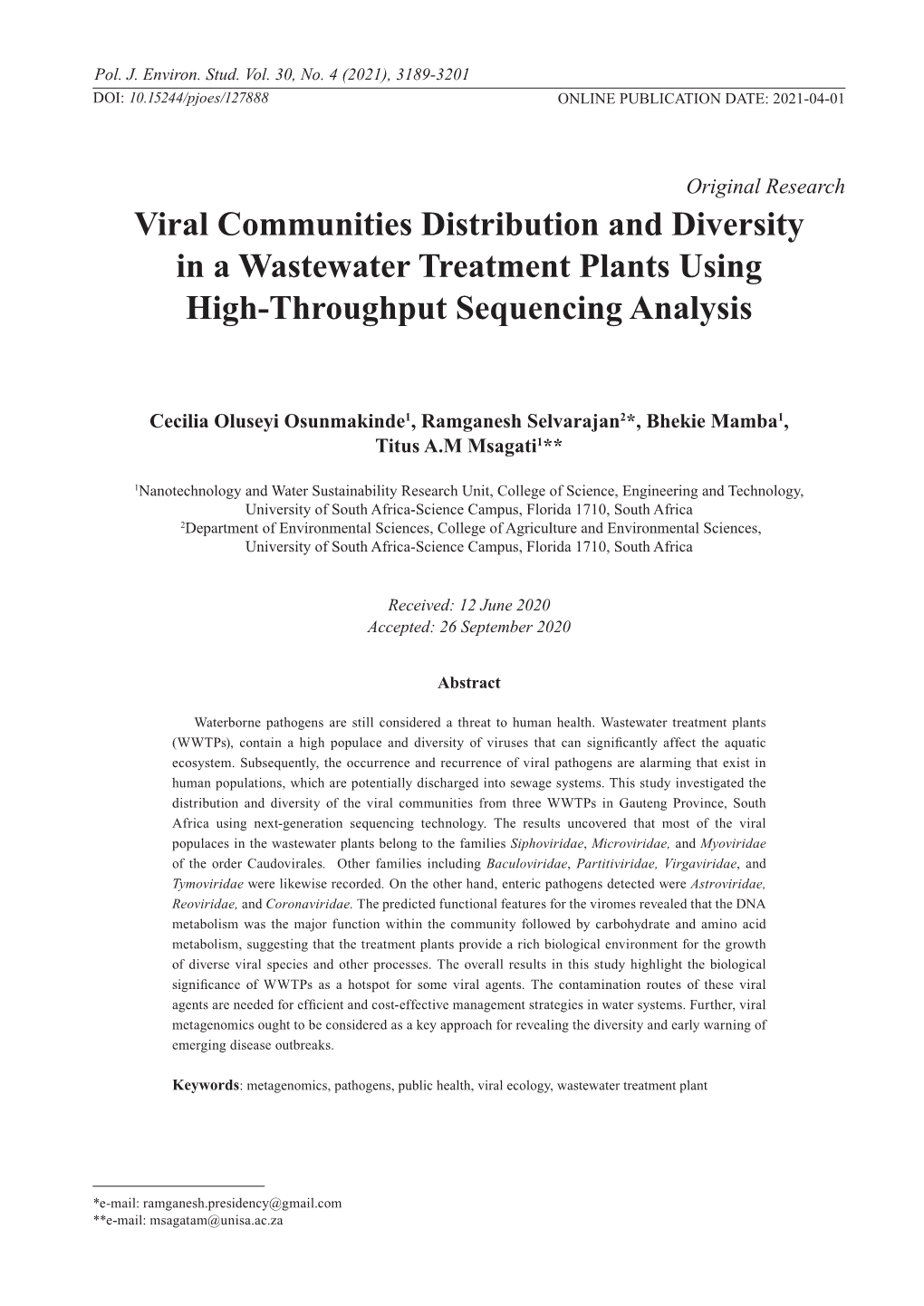 Viral Communities Distribution and Diversity in a Wastewater Treatment Plants Using High-Throughput Sequencing Analysis