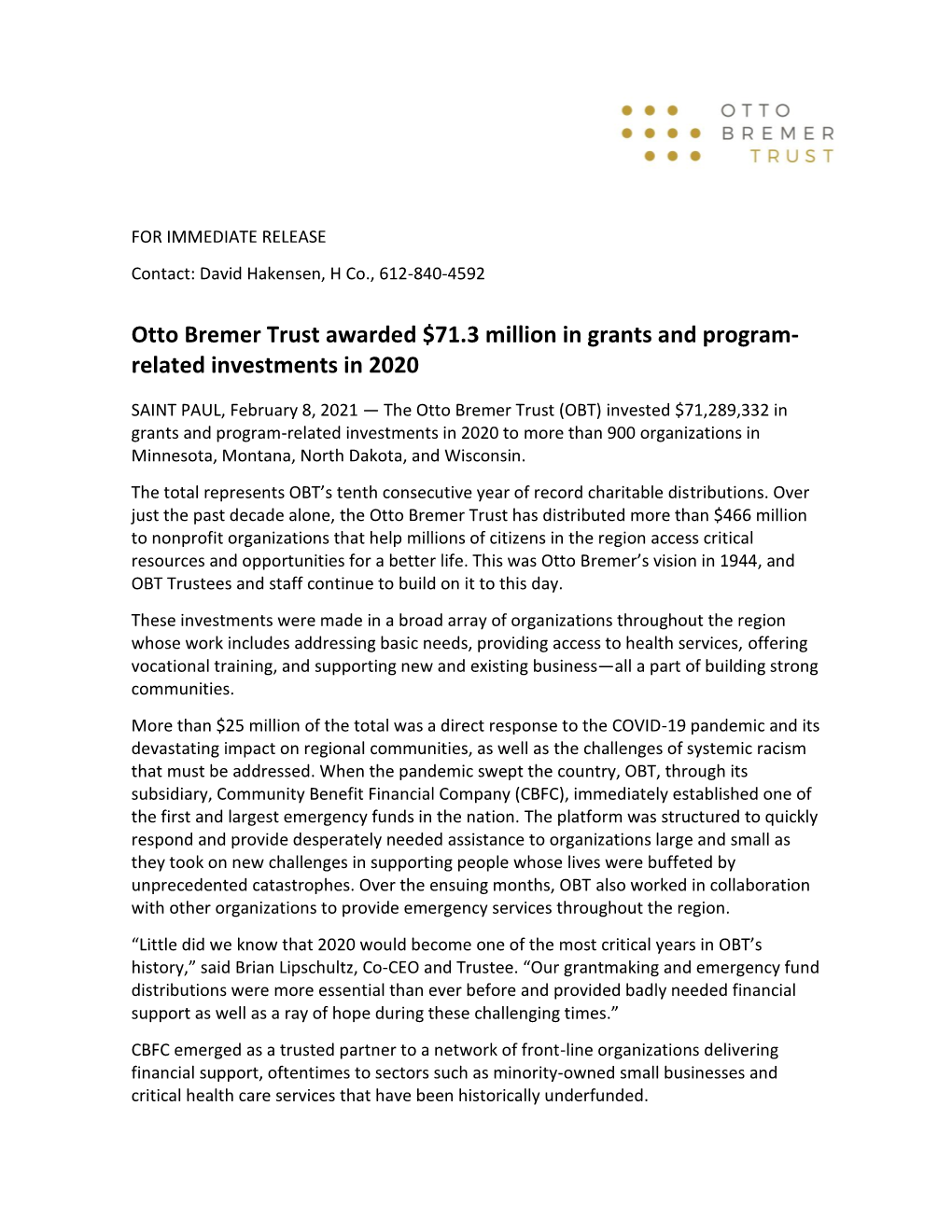 Otto Bremer Trust Awarded $71.3 Million in Grants and Program- Related Investments in 2020