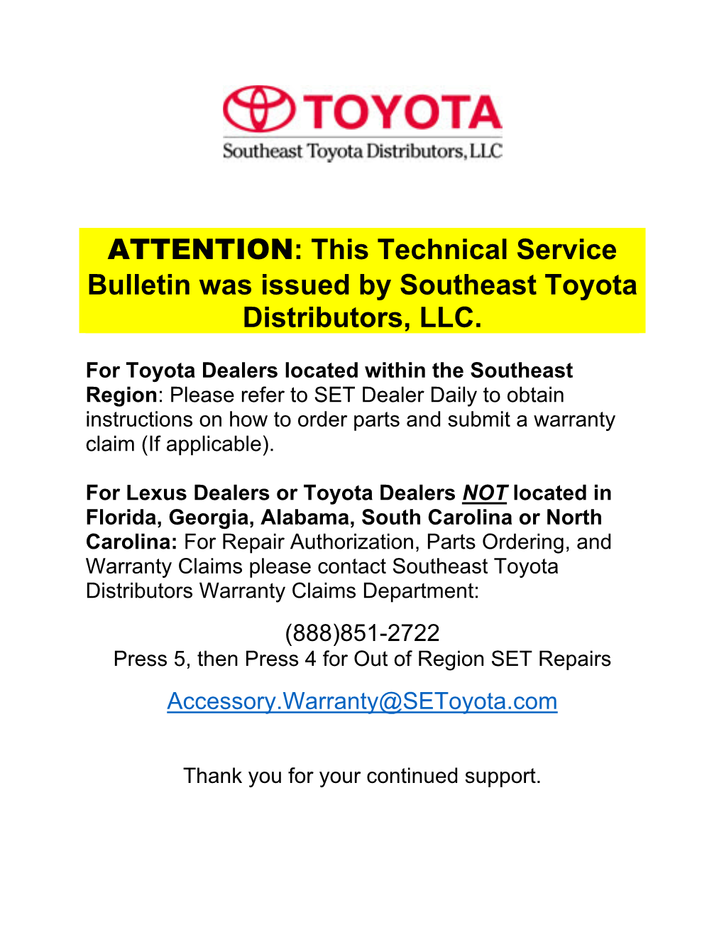 This Technical Service Bulletin Was Issued by Southeast Toyota Distributors, LLC