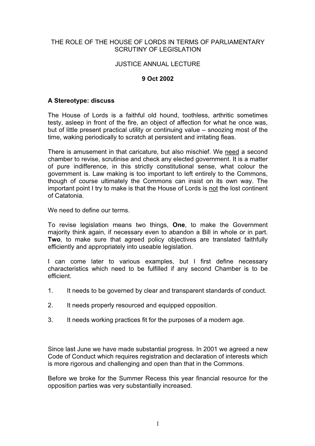 The Role of the House of Lords in Terms of Parliamentary Scrutiny of Legislation