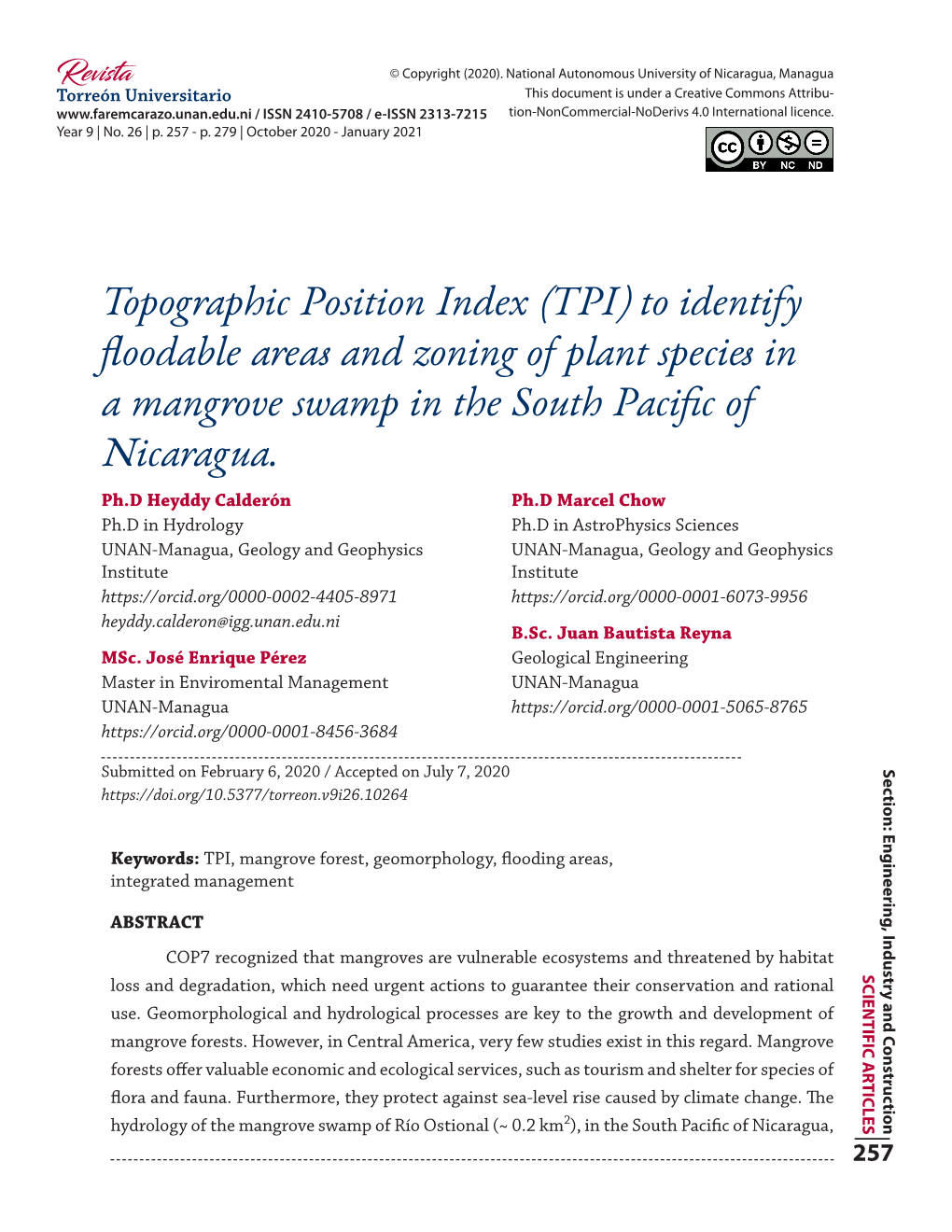 Topographic Position Index (TPI) to Identify Floodable Areas and Zoning of Plant Species in a Mangrove Swamp in the South Pacific of Nicaragua