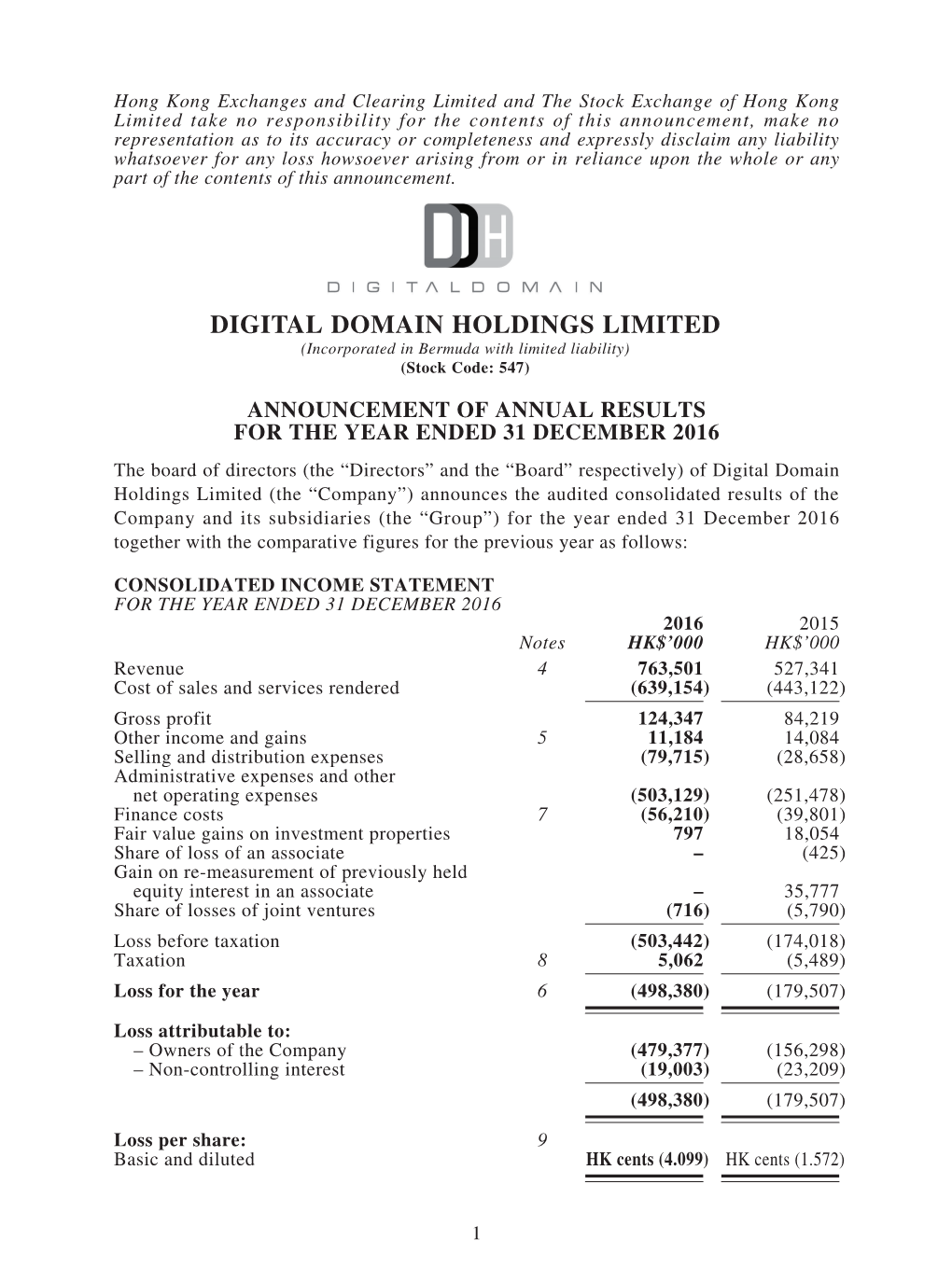 DIGITAL DOMAIN HOLDINGS LIMITED (Incorporated in Bermuda with Limited Liability) (Stock Code: 547)