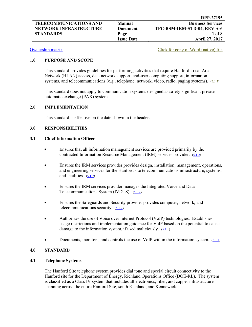 TFC-BSM-IRM-STD-04, Telecommunications and Network