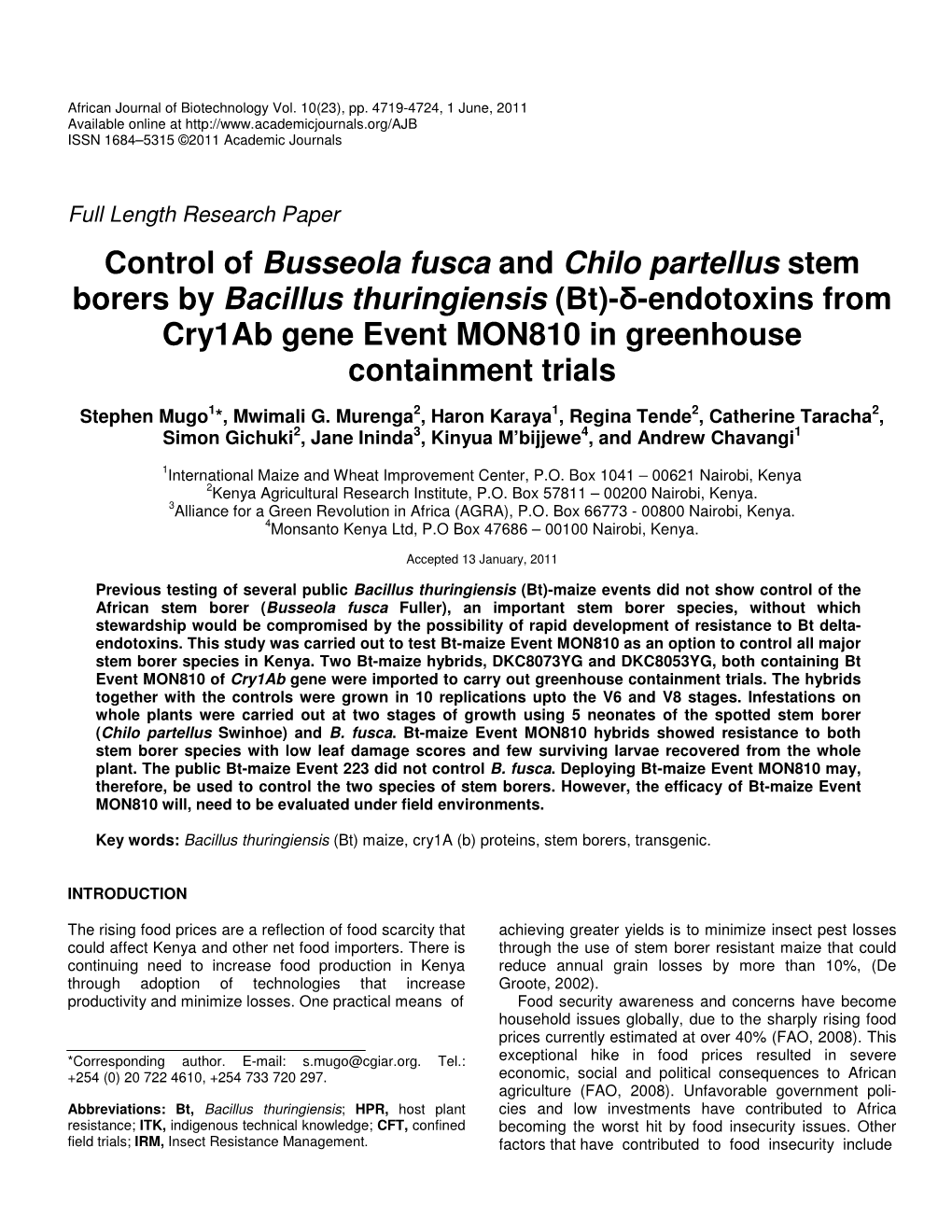 Control of Busseola Fusca and Chilo Partellus Stem Borers by Bacillus Thuringiensis (Bt)--Endotoxins from Cry1ab Gene Event MON810 in Greenhouse Containment Trials