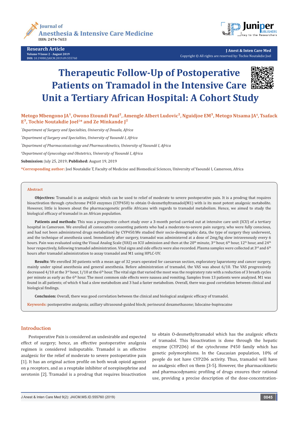 Therapeutic Follow-Up of Postoperative Patients on Tramadol in the Intensive Care Unit a Tertiary African Hospital: a Cohort Study