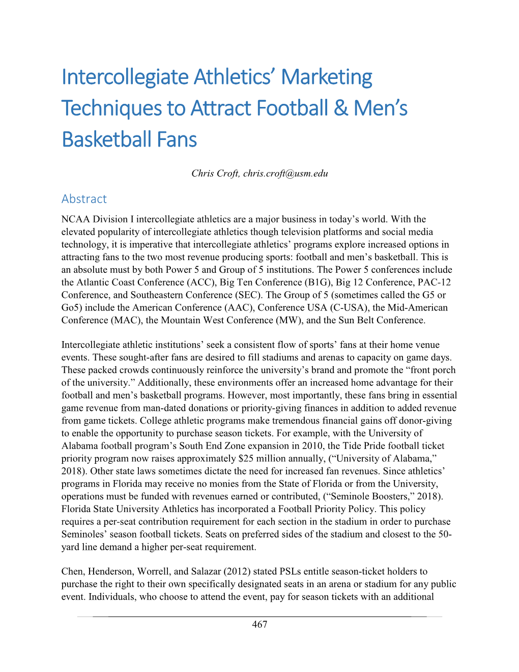 Intercollegiate Athletics' Marketing Techniques to Attract Football