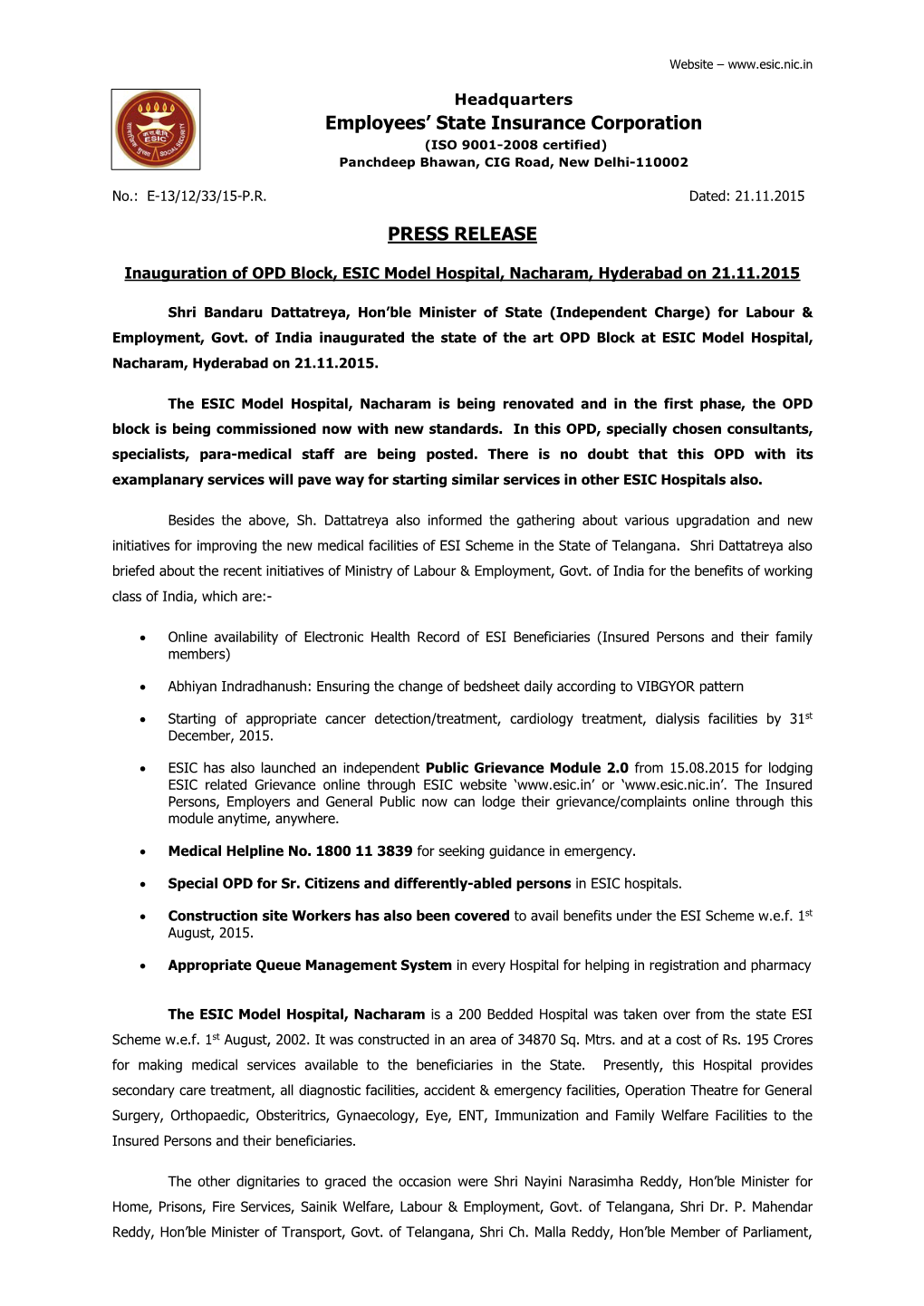 Employees' State Insurance Corporation PRESS RELEASE