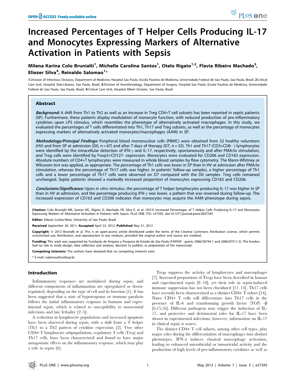 Increased Percentages of T Helper Cells Producing IL-17 and Monocytes Expressing Markers of Alternative Activation in Patients with Sepsis