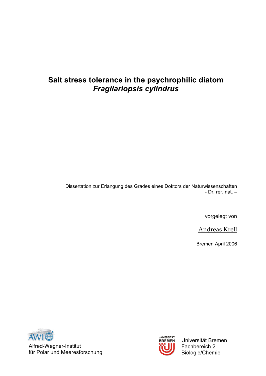 Salt Stress Tolerance in the Psychrophilic Diatom Fragilariopsis