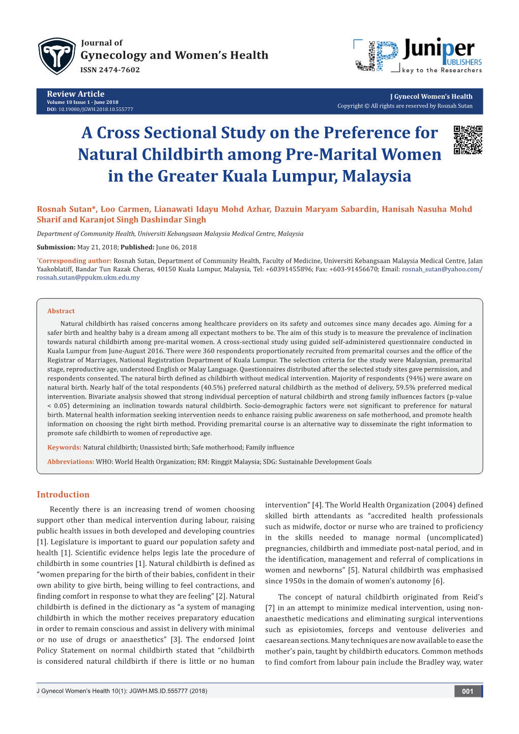 A Cross Sectional Study on the Preference for Natural Childbirth Among Pre-Marital Women in the Greater Kuala Lumpur, Malaysia