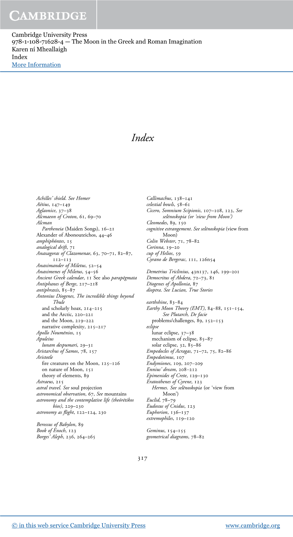 Cambridge University Press 978-1-108-71628-4 — the Moon in the Greek and Roman Imagination Karen Ní Mheallaigh Index More Information