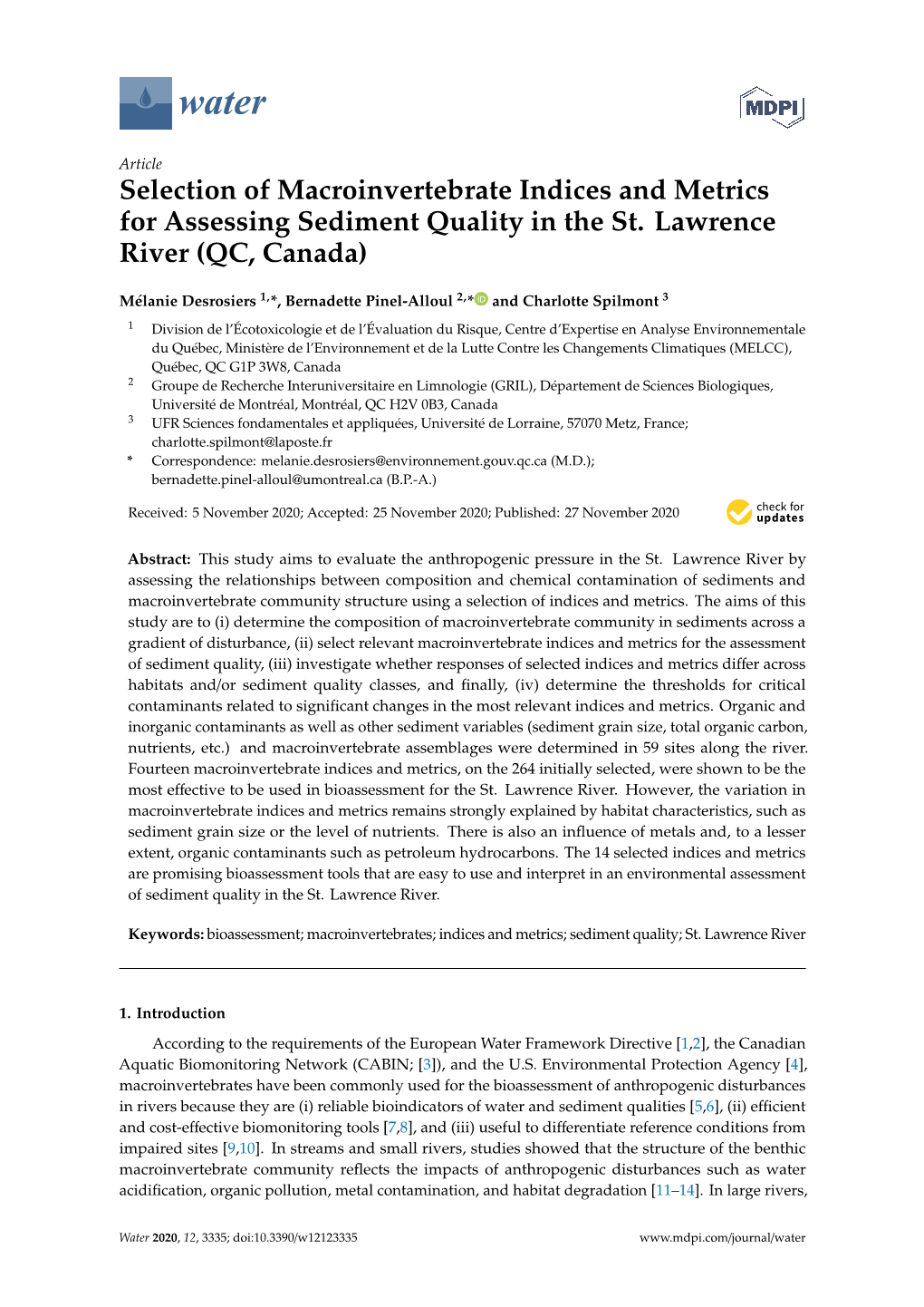 Selection of Macroinvertebrate Indices and Metrics for Assessing Sediment Quality in the St