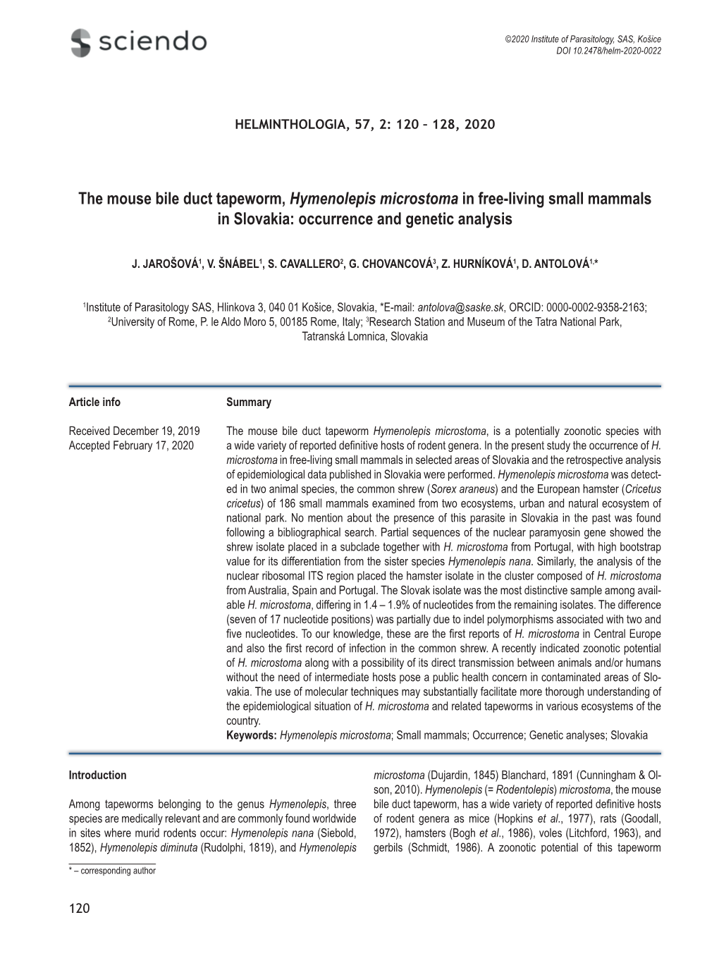 The Mouse Bile Duct Tapeworm, Hymenolepis Microstoma in Free-Living Small Mammals in Slovakia: Occurrence and Genetic Analysis