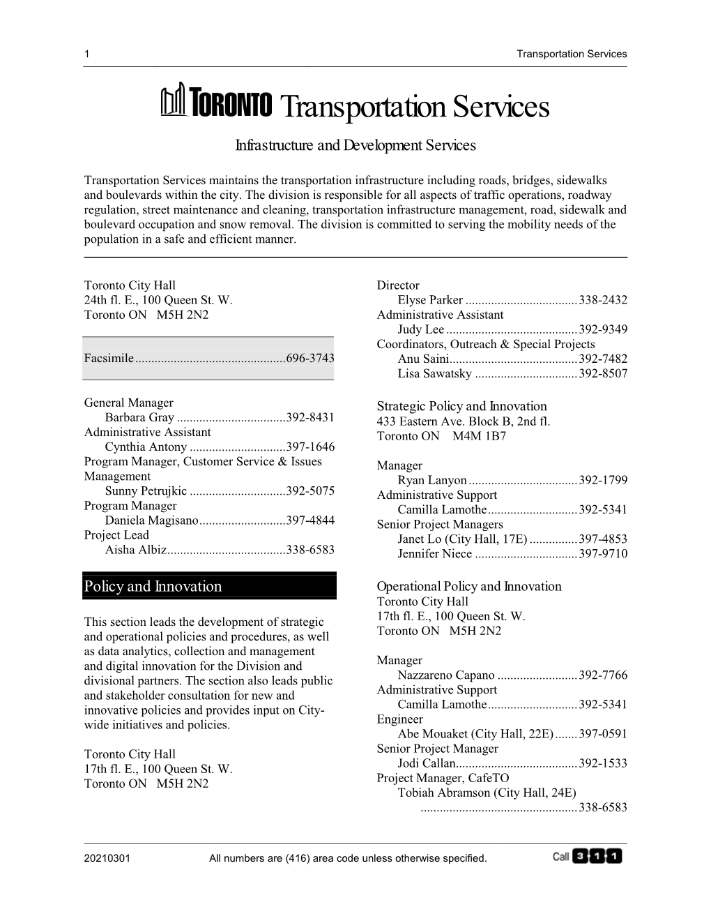 Transportation Services Telephone Directory
