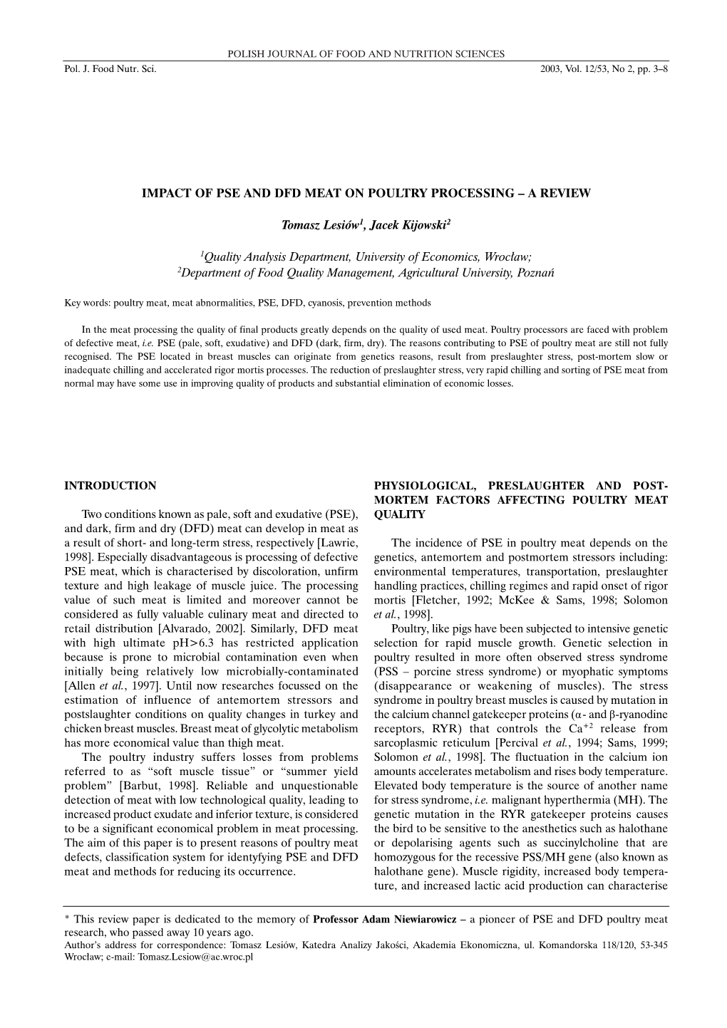 Impact of Pse and Dfd Meat on Poultry Processing – a Review