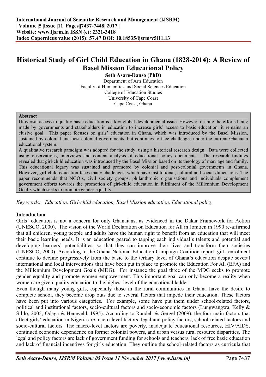 Historical Study of Girl Child Education in Ghana (1828-2014)