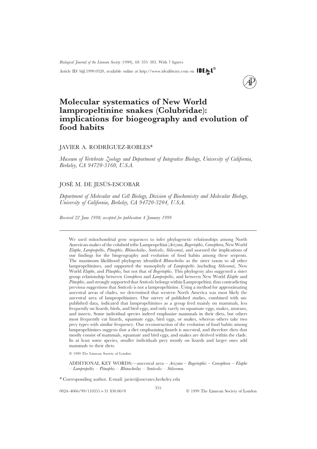 Molecular Systematics of New World Lampropeltinine Snakes (Colubridae): Implications for Biogeography and Evolution of Food Habits