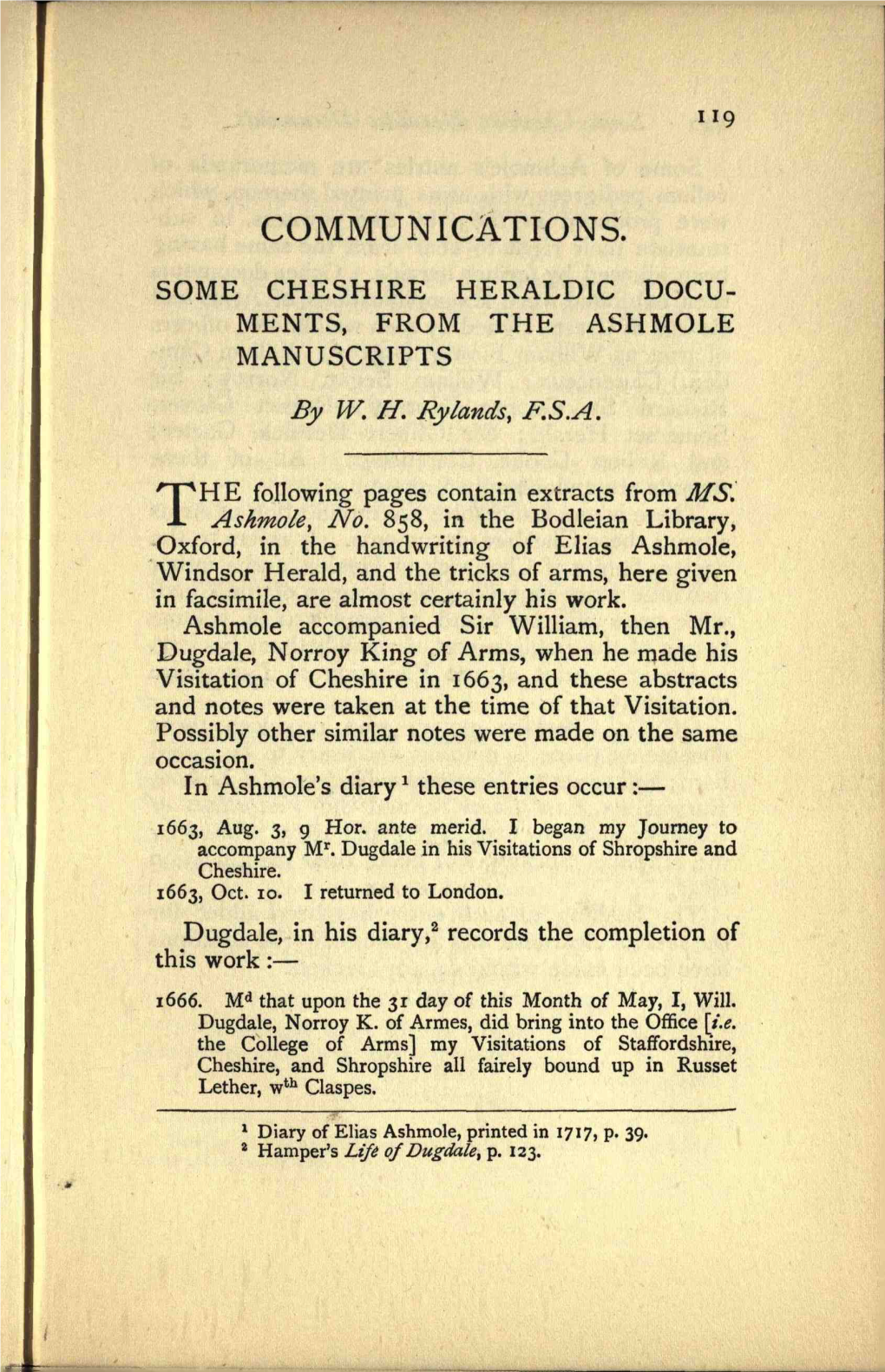 COMMUNICATIONS. SOME CHESHIRE HERALDIC DOCU­ MENTS, from the ASHMOLE MANUSCRIPTS by W