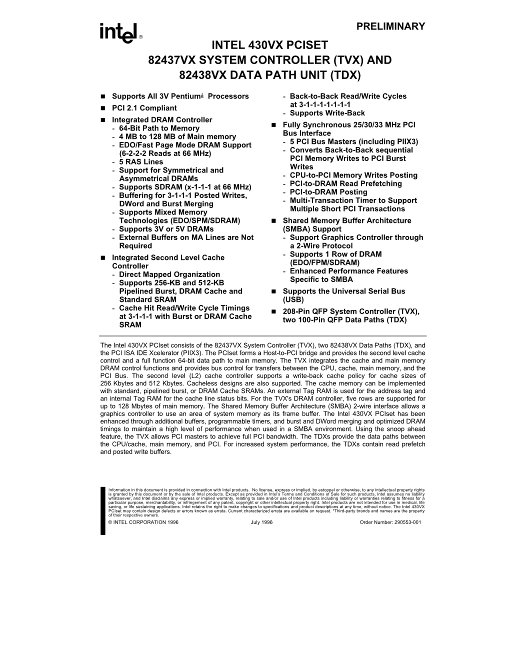 Intel 430Vx Pciset 82437Vx System Controller (Tvx) and 82438Vx Data Path Unit (Tdx)