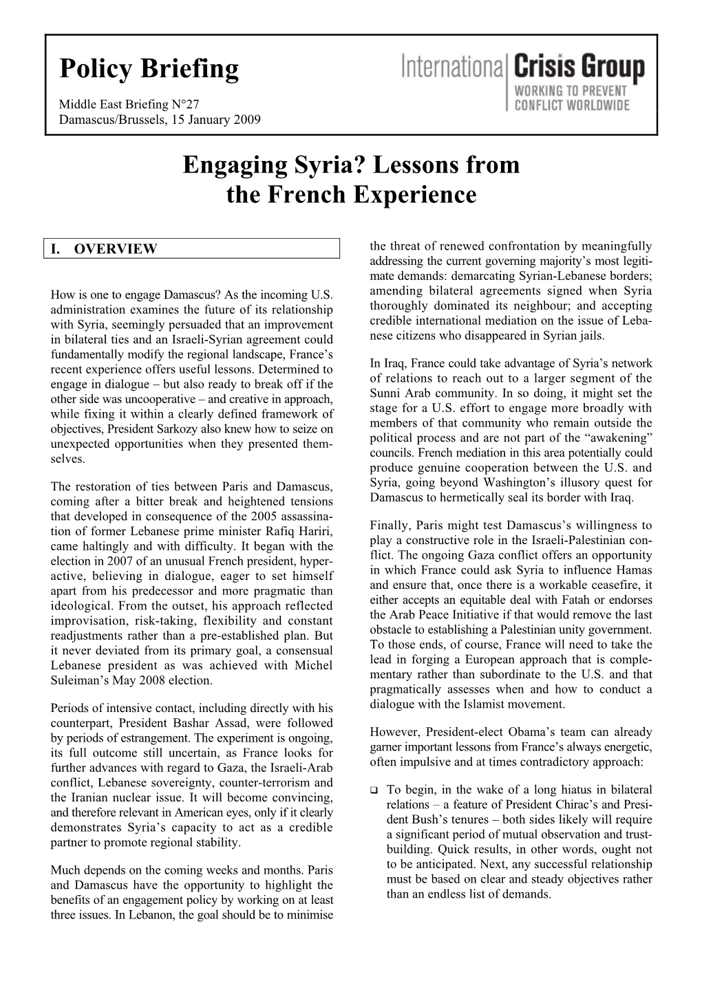 Engaging Syria? Lessons from the French Experience