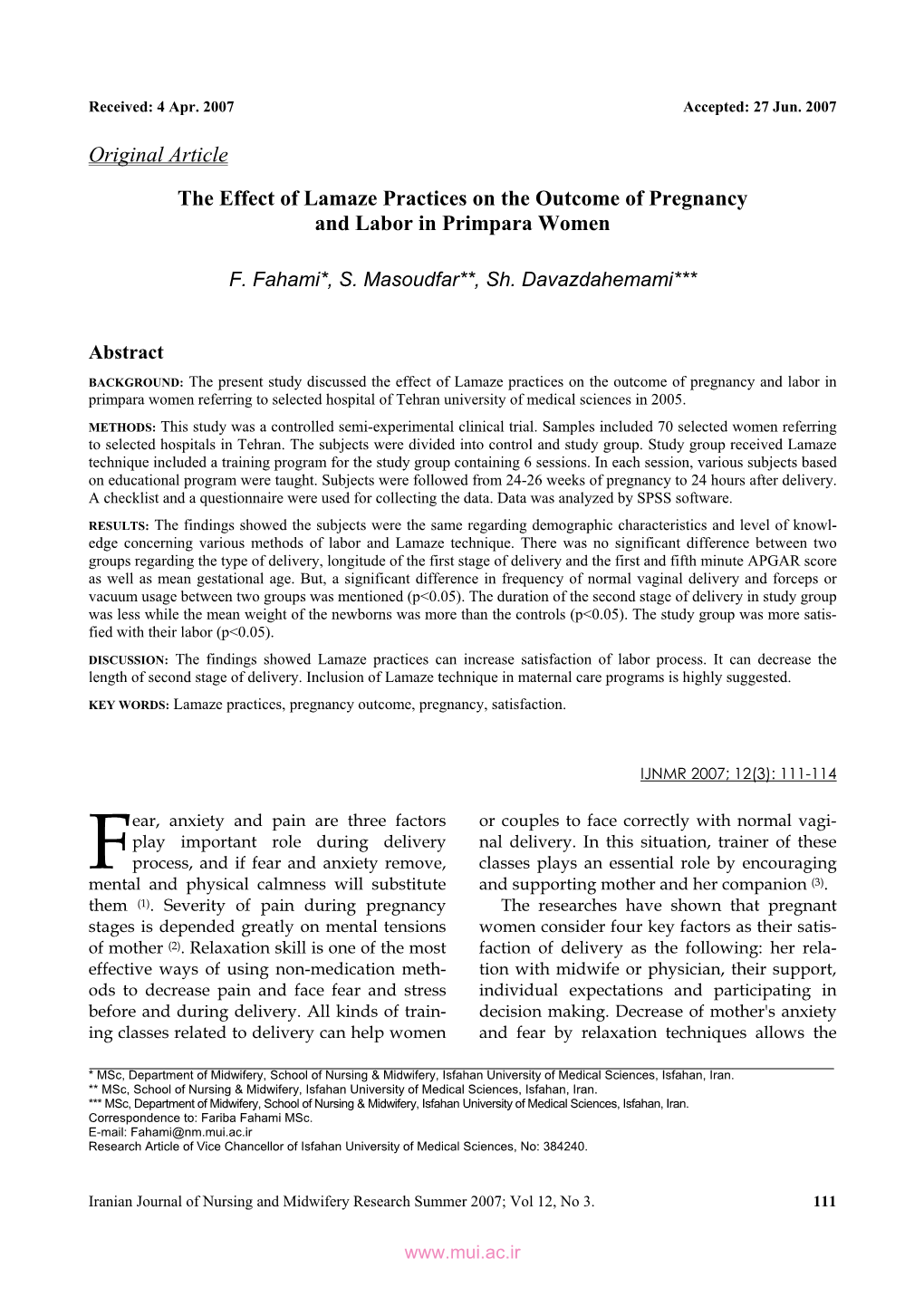 Original Article the Effect of Lamaze Practices on the Outcome Of