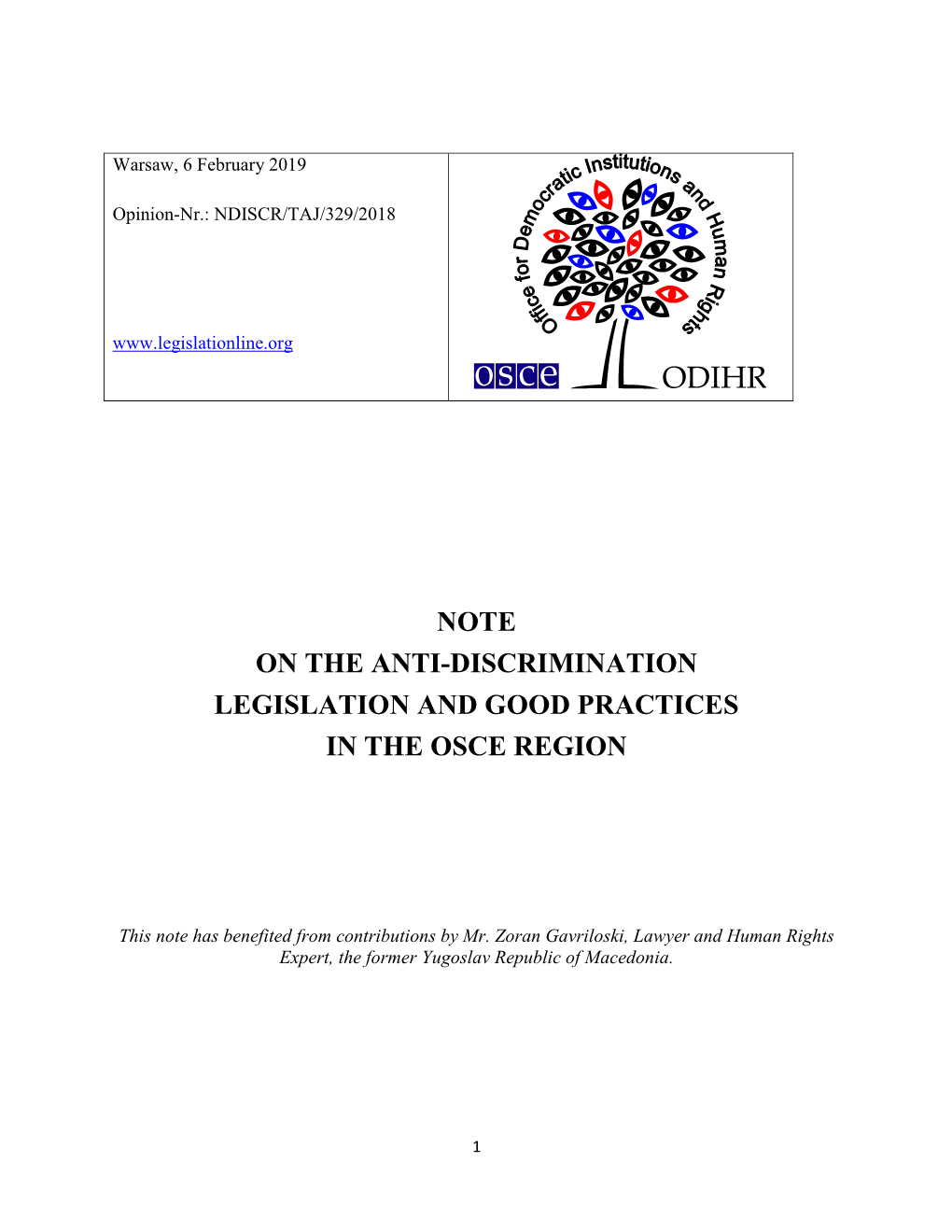 Note on the Anti-Discrimination Legislation and Good Practices in the Osce Region