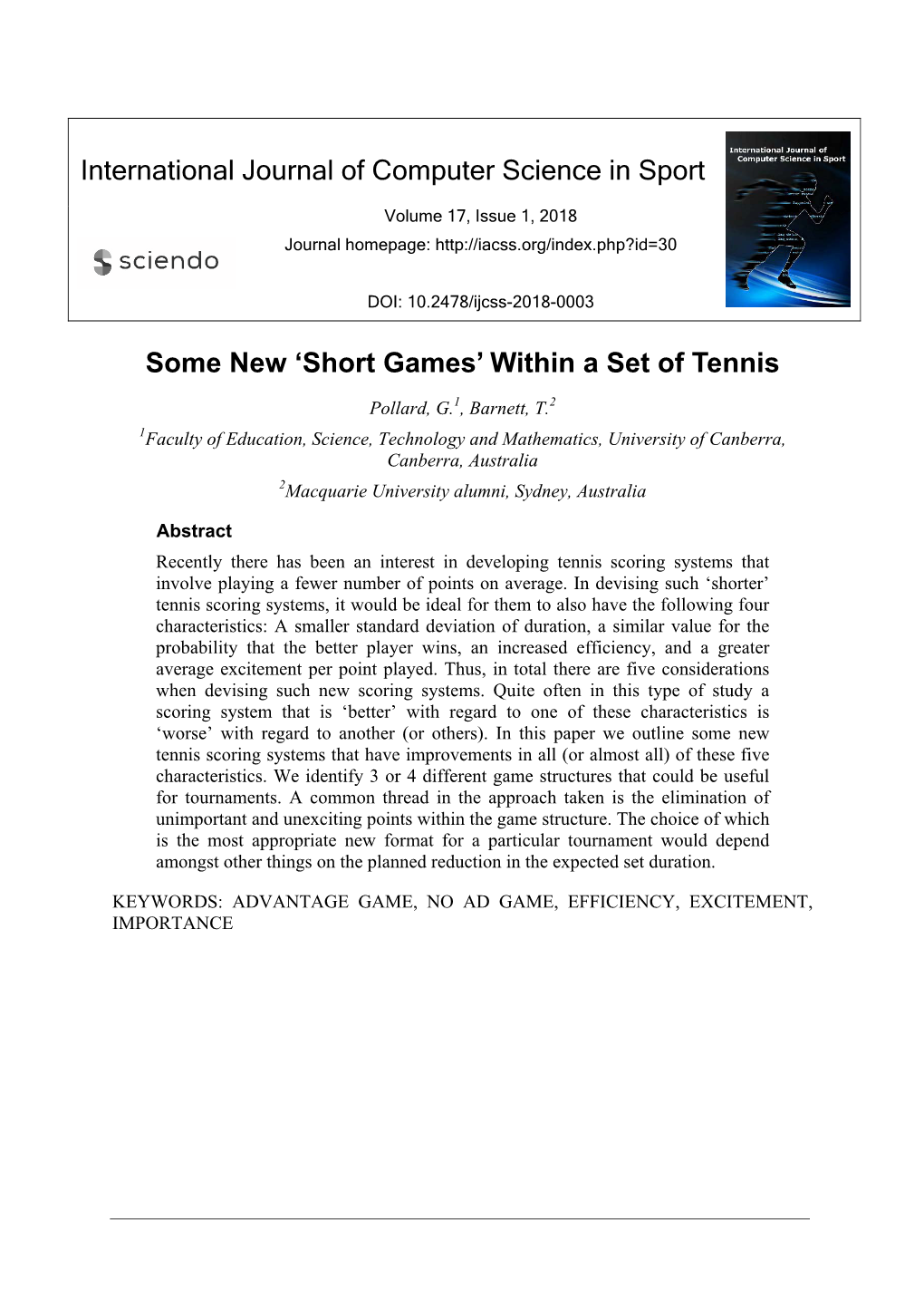 International Journal of Computer Science in Sport Some New 'Short Games' Within a Set of Tennis