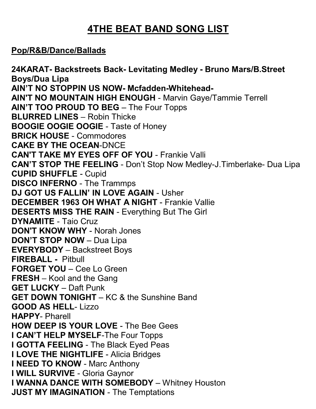 4The Beat Band Song List