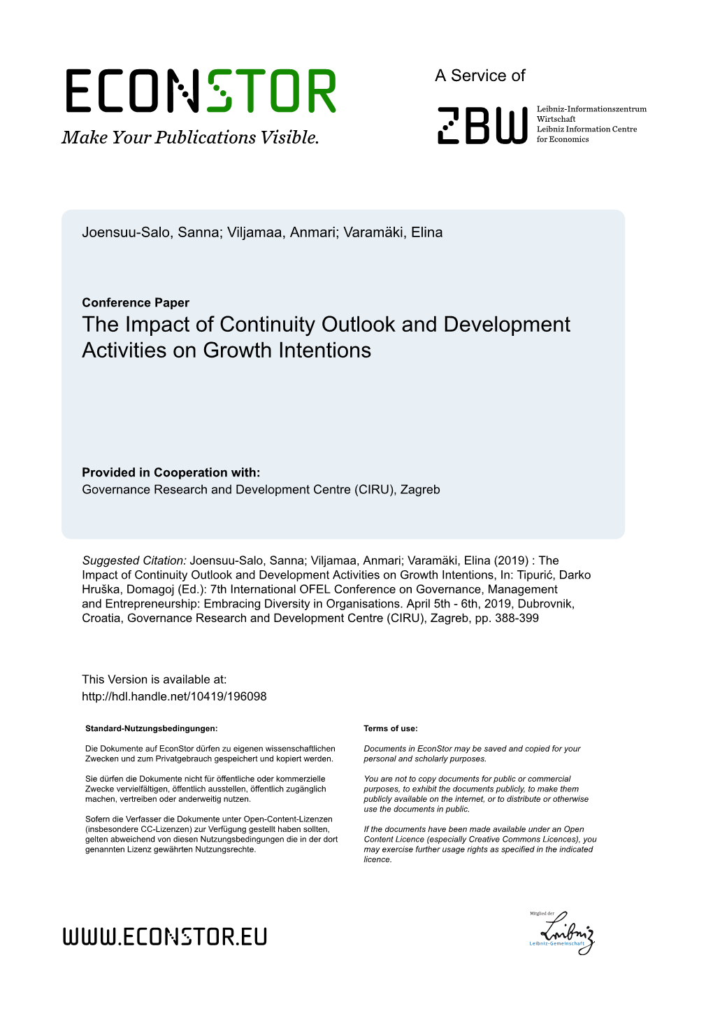The Impact of Continuity Outlook and Development Activities on Growth Intentions