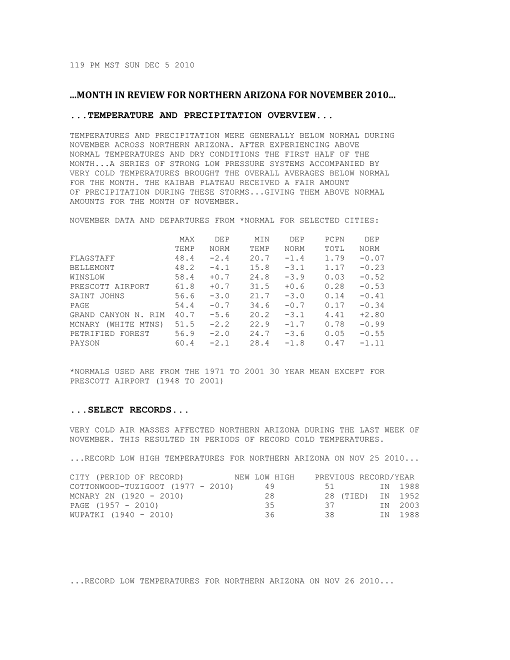 Month in Review for Northern Arizona for November 2010