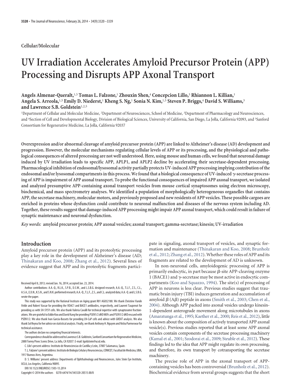 UV Irradiation Accelerates Amyloid Precursor Protein (APP) Processing and Disrupts APP Axonal Transport