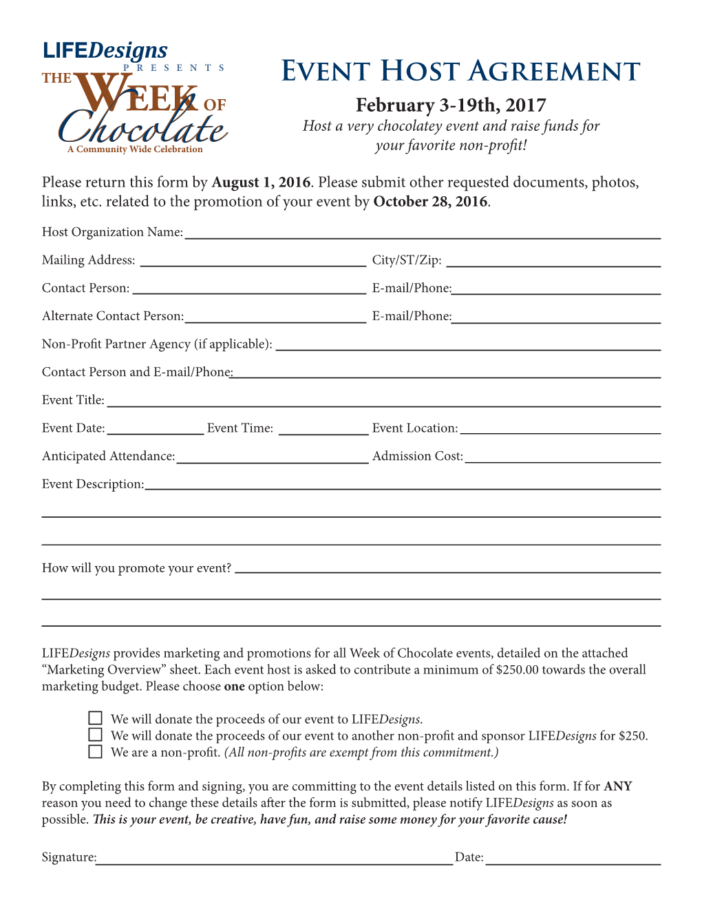 Event Host Agreement February 3-19Th, 2017 Host a Very Chocolatey Event and Raise Funds for a Community Wide Celebration Your Favorite Non-Profit!