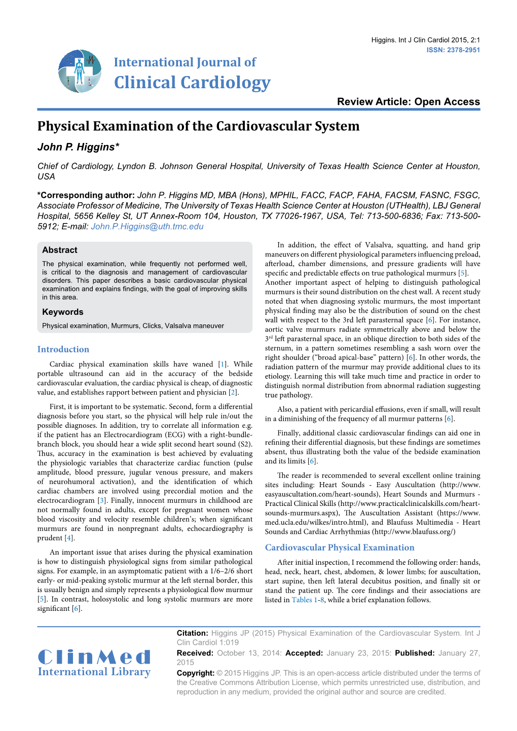 Physical Examination of the Cardiovascular System John P