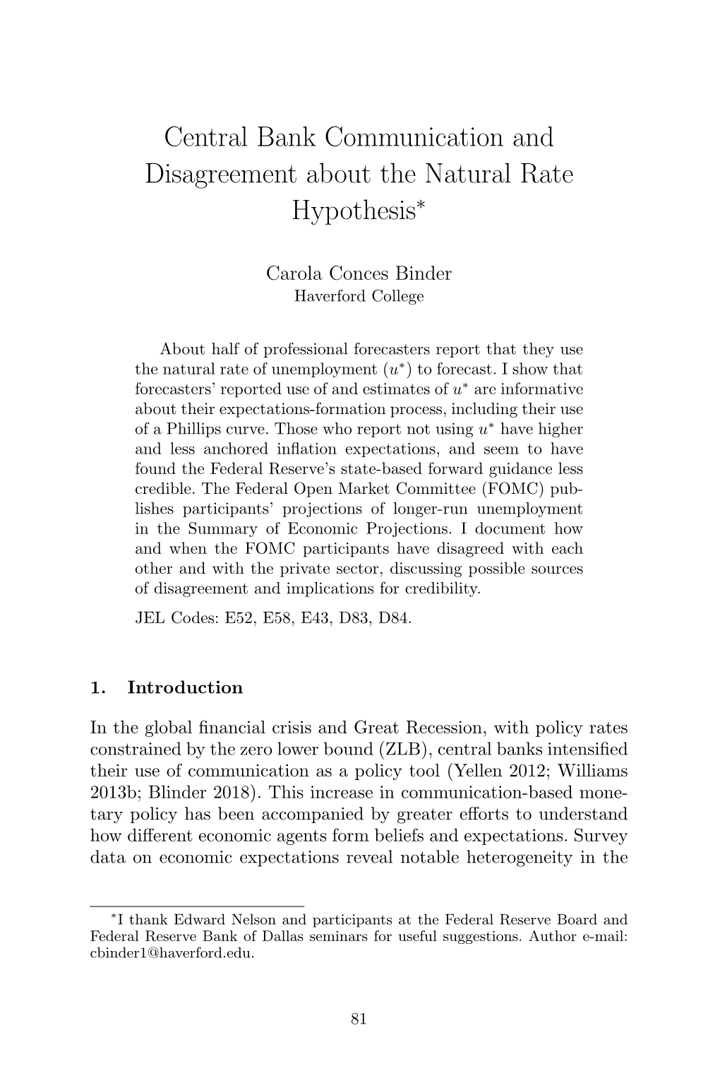 Central Bank Communication and Disagreement About the Natural Rate Hypothesis∗