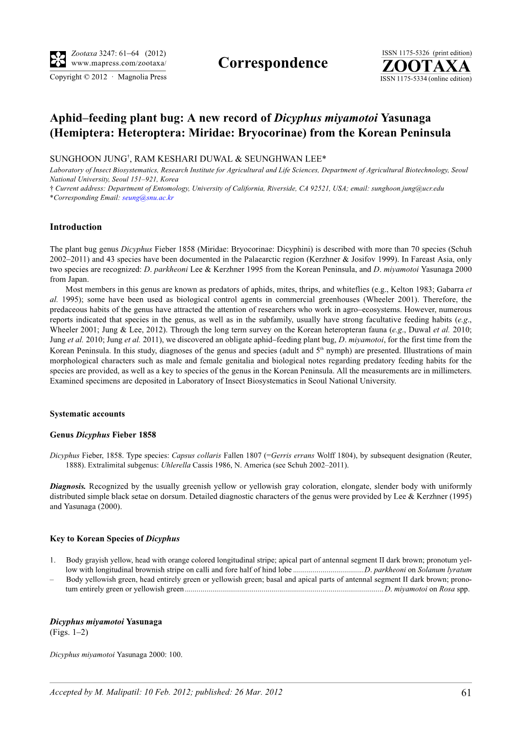 Aphid–Feeding Plant Bug: a New Record of Dicyphus Miyamotoi Yasunaga (Hemiptera: Heteroptera: Miridae: Bryocorinae) from the Korean Peninsula