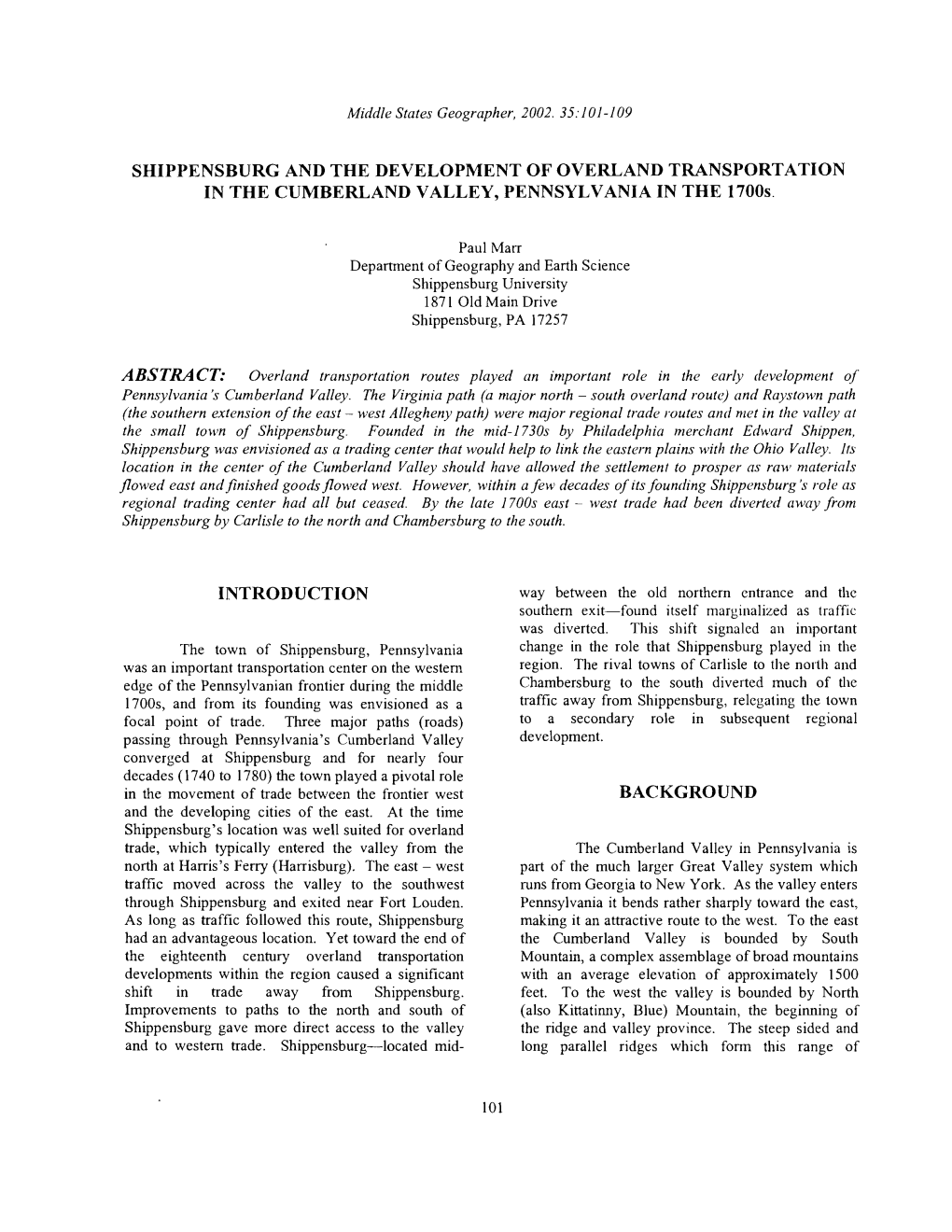 SHIPPENSBURG and the DEVELOPMENT of OVERLAND TRANSPORTATION in the CUMBERLAND VALLEY, PENNSYLVANIA in the 1700S