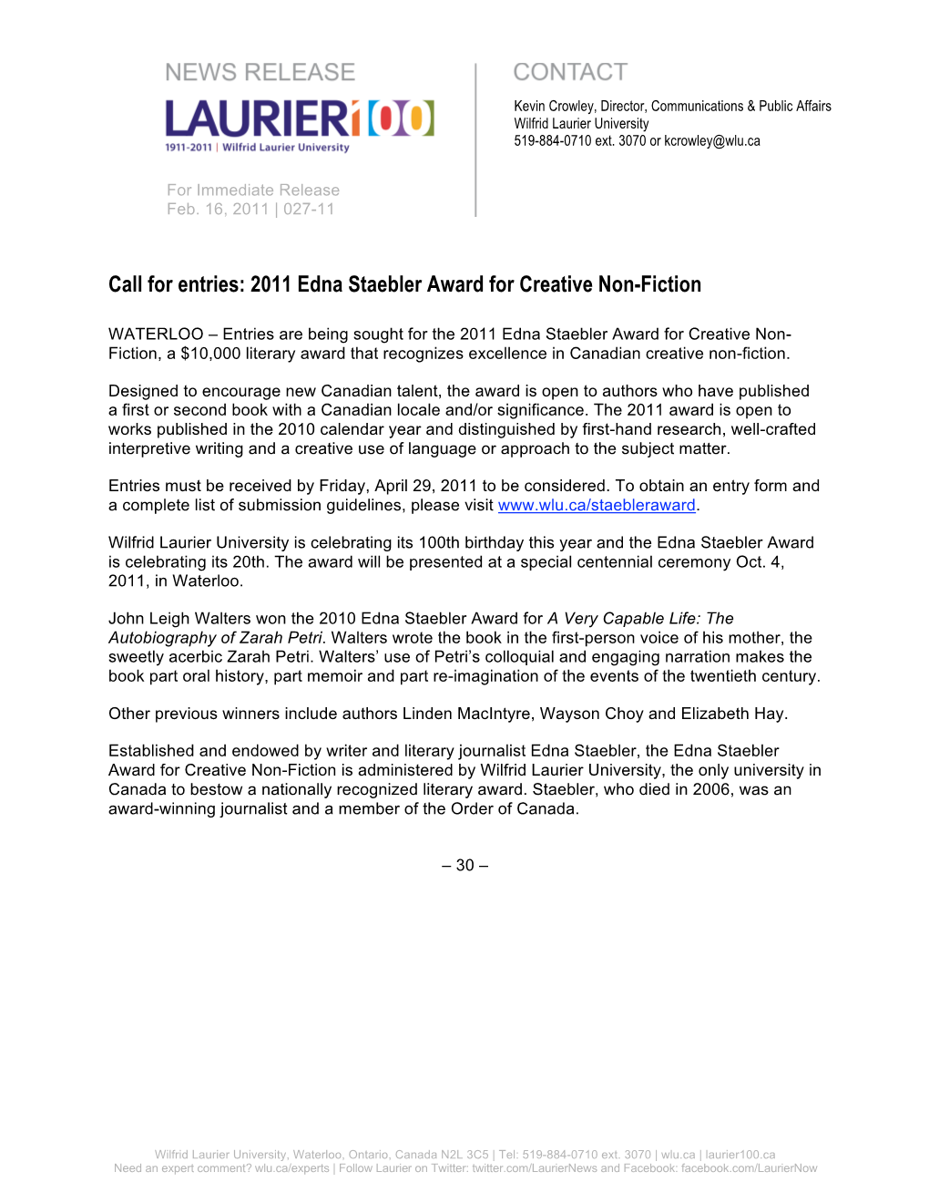 2011 Edna Staebler Award for Creative Non-Fiction