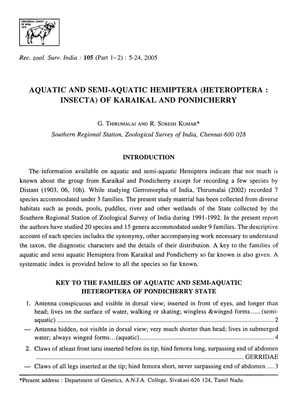 Aquatic and Semi-Aquatic Hemiptera (Heteroptera : Insecta) of Karaikal and Pondicherry