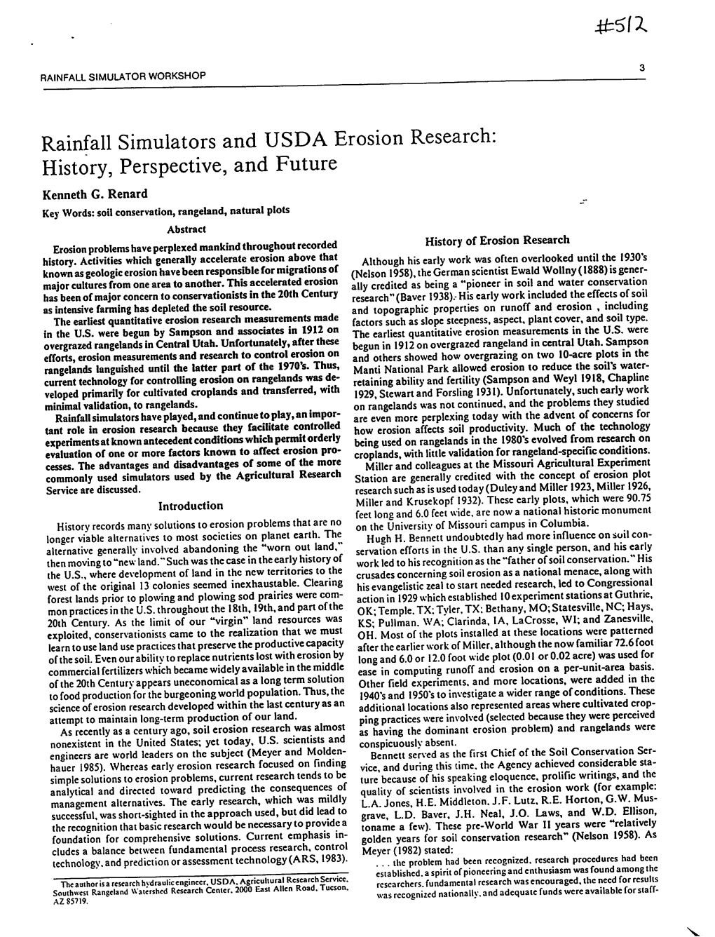 Rainfall Simulators and USDA Erosion Research: History, Perspective, and Future