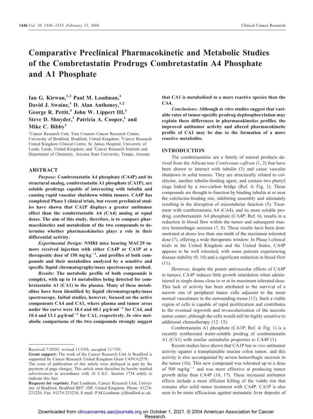 Comparative Preclinical Pharmacokinetic and Metabolic Studies of the Combretastatin Prodrugs Combretastatin A4 Phosphate and A1 Phosphate